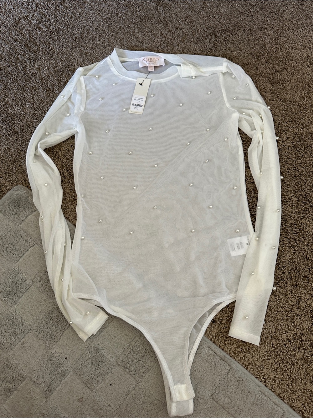 Francesca's Collections White Pearl-Studded Mesh Bodysuit Sweater